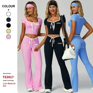 Contrast Color Fitness Clothes Women High Waisted Flared Pants Suit Casual Outdoor Short-Sleeve 2-Piece Sports Fitness Yoga Set