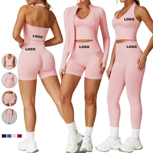 Best High Quality Women's Seamless Beauty Back Sports Suit Ribbed Tight High Waist Hip Lifting Quick Drying Yoga Fitness Sets