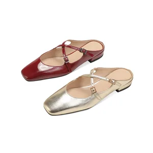 Elegant Women's Square Toe Criss-Cross Strap Backless Mules Flat Slide Loafers Mary Janes Fashion Trend Breathable Anti-Slip