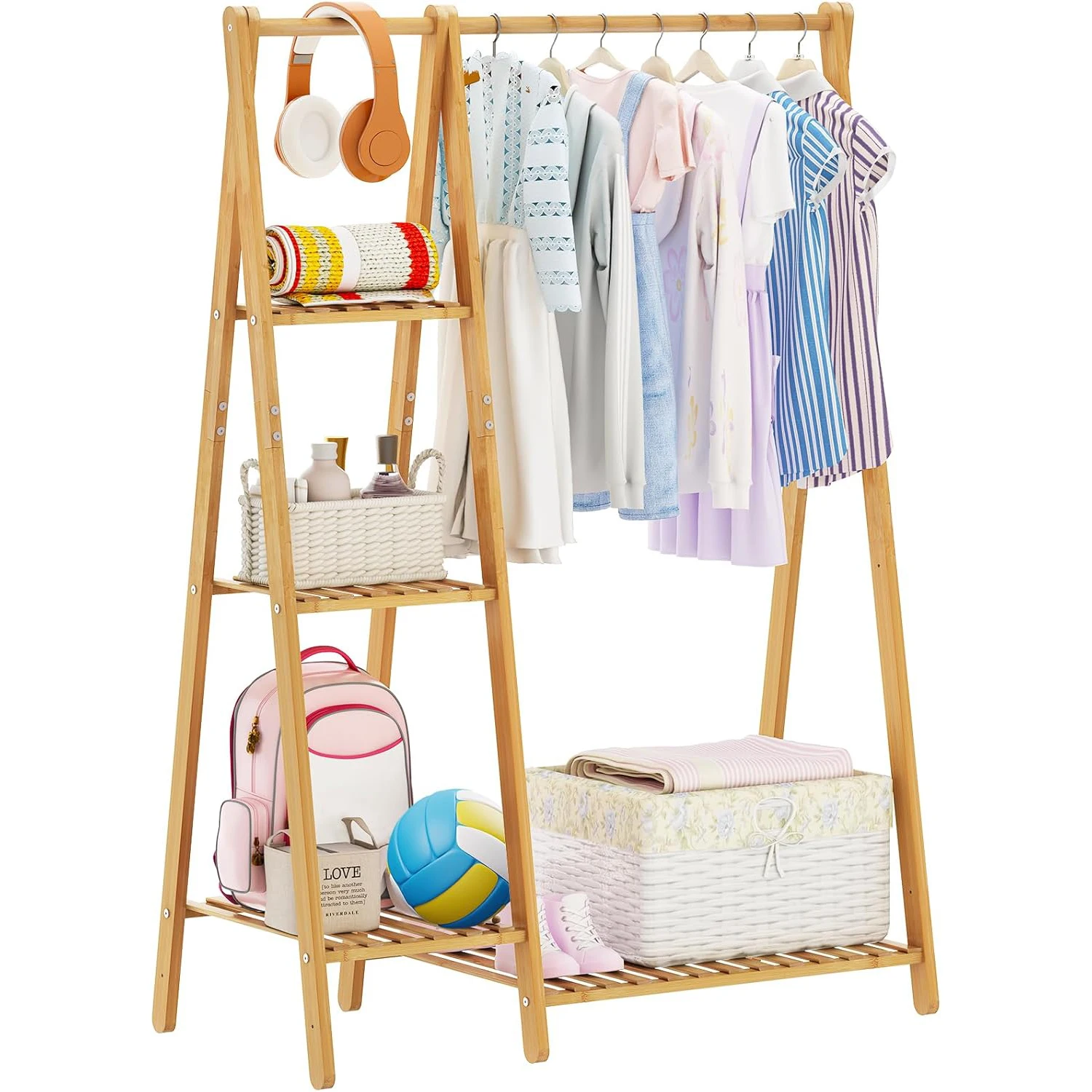 product free standing bamboo kids clothing rack with storage shelves for living room bedroom bathroom and bag storage-2