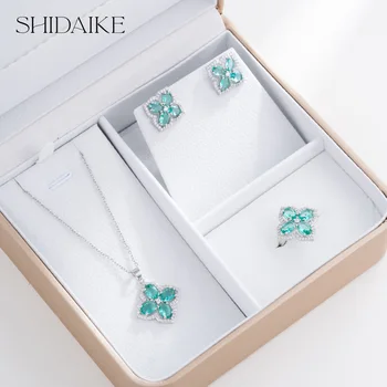 Luxurious Women's Gold Plated Copper Necklace Earrings Rings Set Colorful Diamond Zircon Fashion for Christmas Gifts