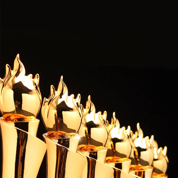 OEM / ODM Sport Crystal Trophy Cheap Creative Flame Shape Luxury Custom Lettering Metal Trophy With Black Base