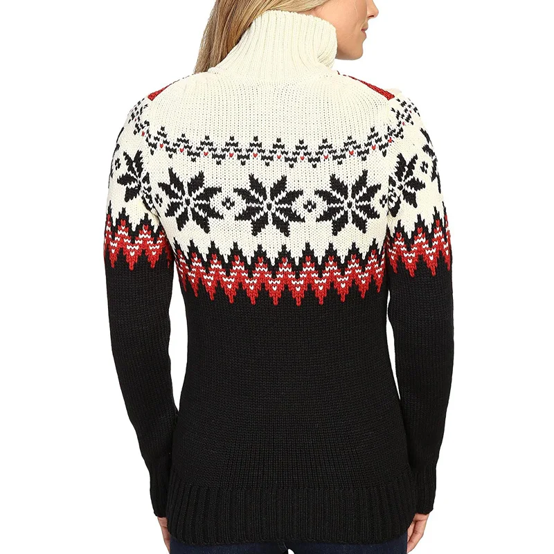 Custom Logo Turtleneck Neck Wool Fair Isle Jacquard Half Zip Sweater Knit Pullover Cloth Warm Norway Skiing Sweater Women