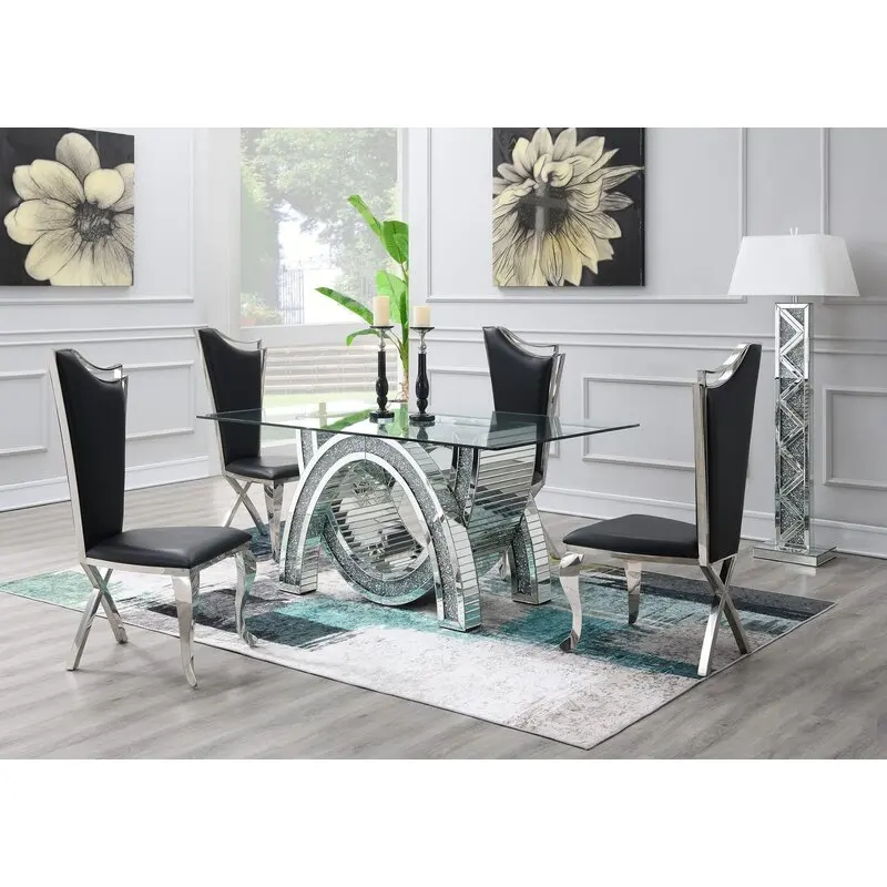 New Design Silver Mirrored Dining Table Crushed Diamond Tempered Glass