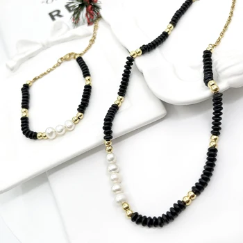 Fashion Jewelry Black Gold Bead Natural Stone Agate Pearl 18K Gold Plate Necklace And Bracelet Stone Bracelet Natural