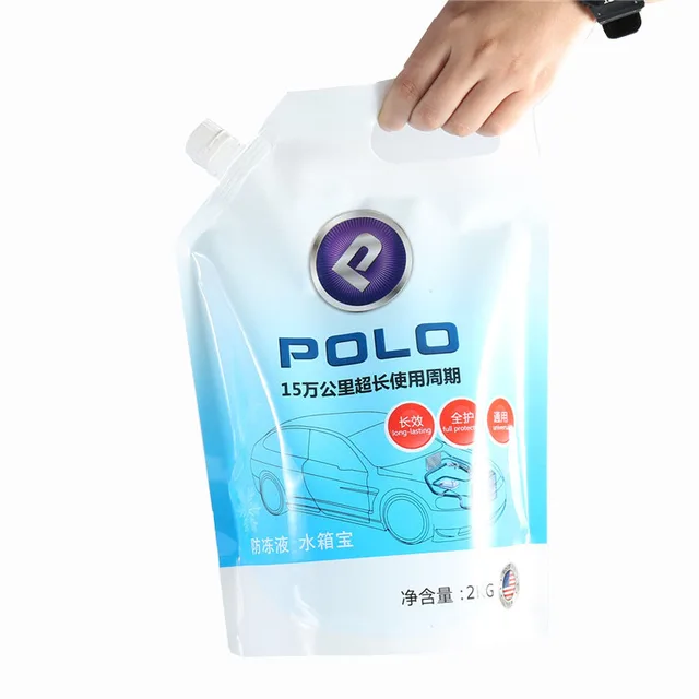 Hand-held reclosable Antifreeze anti-icing fluid engine fluid life long coolant plastic spout plastic pouches bags