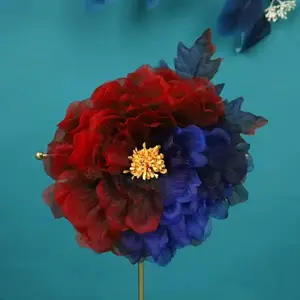 Designer Handcrafted Large Red and Blue Color-blocked Peony Hair Clip, Bridal Makeup Accessory, Perforated Hanfu Hair Accessory