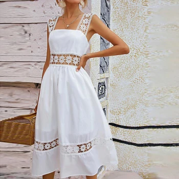 Wholesale fashion women clothing dress custom private brand design eyelet embroidery zip back high waist boho white dress