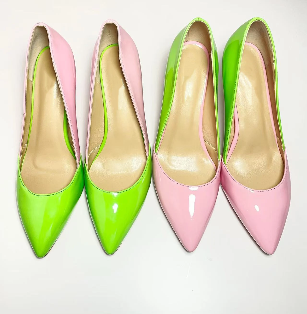 Patent Leather Pink &green Mixed Color High Heel Pumps Ladies Pointed Toe Luxury Women Thin Heel Pumps - Image 1