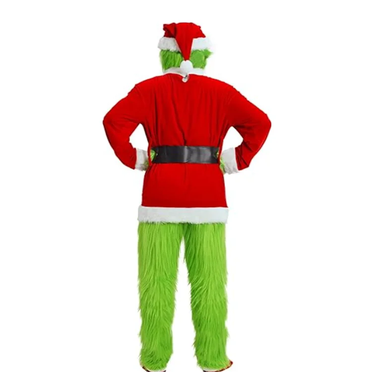 Men Adult Green Big Monster 7pcs Deluxe Santa Suit Furry Xmas Cosplay Outfit Christmas Costume