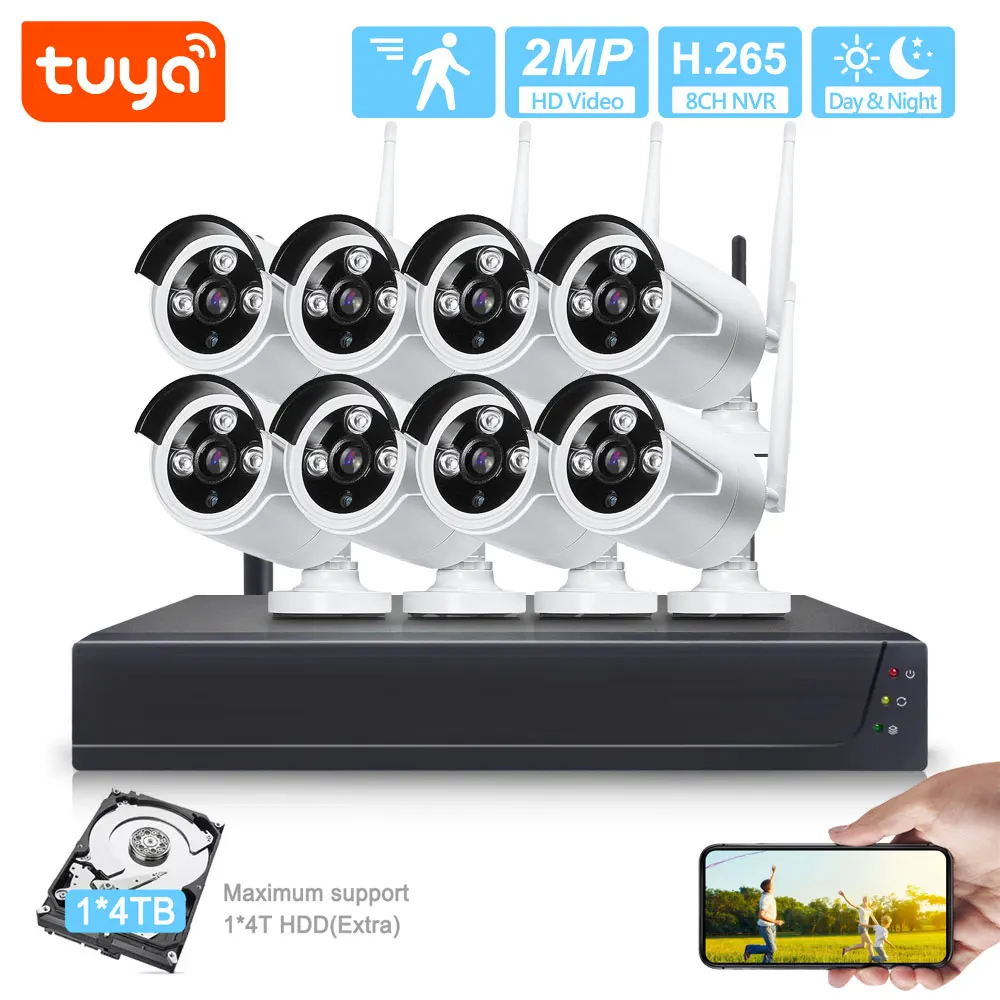 Waterproof 2MP Tuya Smart WiFi NVR System Video Surveillance System 8CH IP  CCTV NVR Camera Kit PST-TWK08BM