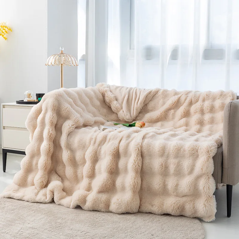 Custom Size Plush Solid Color Super Thick Soft Rabbit Micromink Faux Fur Throw Blanket Knitted Four Seasons Home