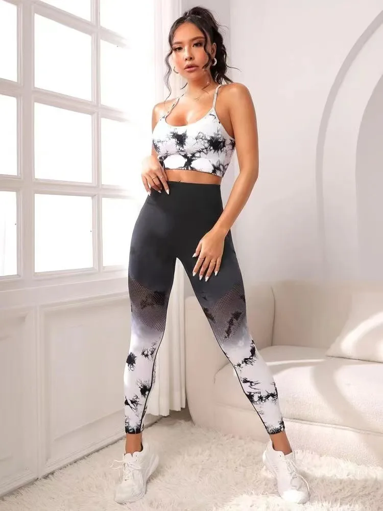 New Arrival Seamless Women Workout Scrunch Leggings And Bra Set Tie Dye