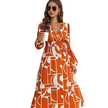 V-neck long sleeve flora print maxe dress for women Woven Simple Pencil  Modest clothing manufacturers custom