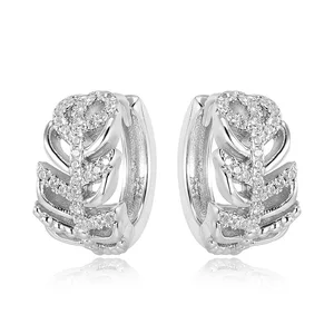 New Trendy Style 925 Sterling Silver Aaa Cubic Zirconia Rhodium Plating Leaf Shape Earrings Bohemia