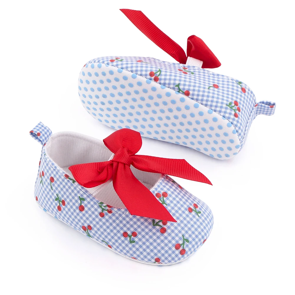 Wholesale Cheap Baby Girls Soft Sole Bow Knot Cherry Mary Jane Flats Infant Princess SlippersToddler Wedding Dress Shoes details