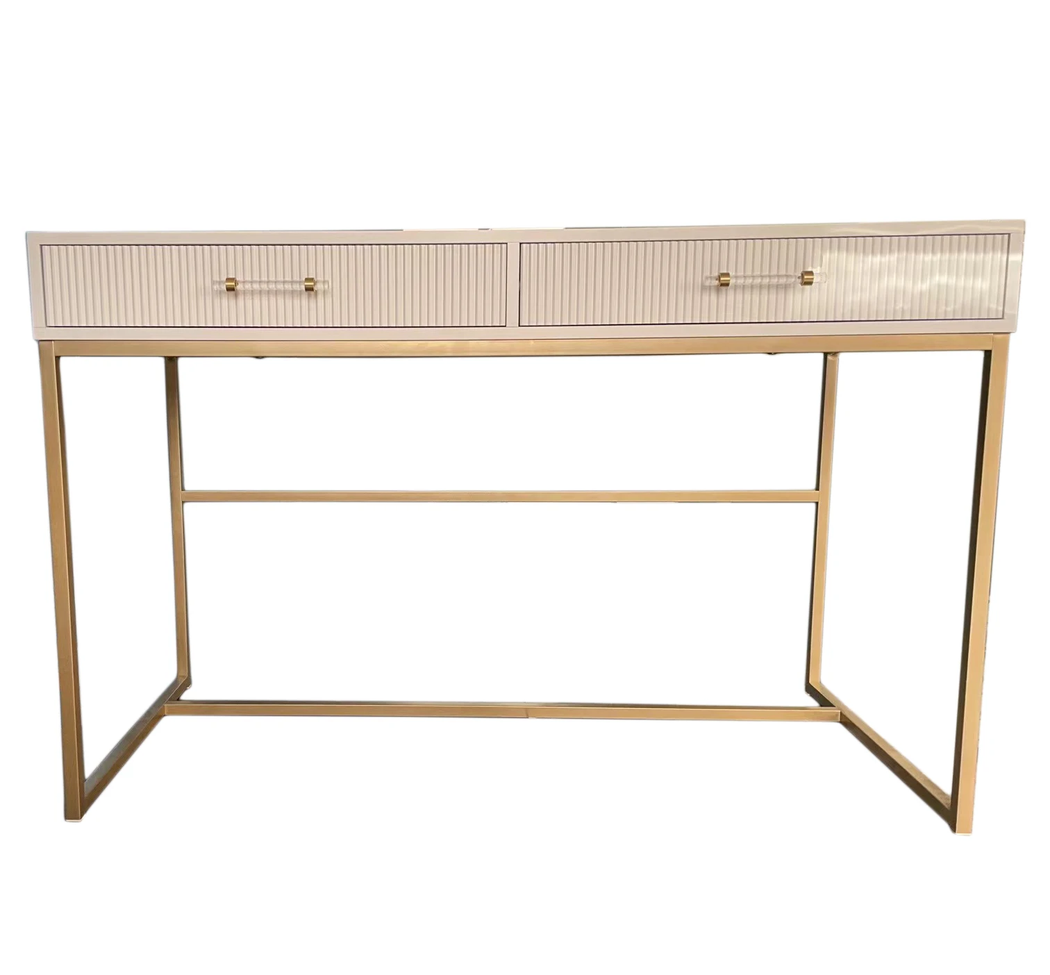 Console Table with 2 Drawers and Gold Iron Legs and Acrylic Handle, Shelf Hallway Side End Dressing Table for Living Room, White