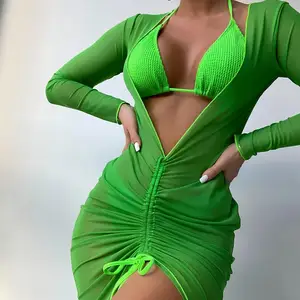 Long-Sleeved Smock and Fashionable Three-Piece Breathable Polyester/Spandex Women's Swimsuit Set
