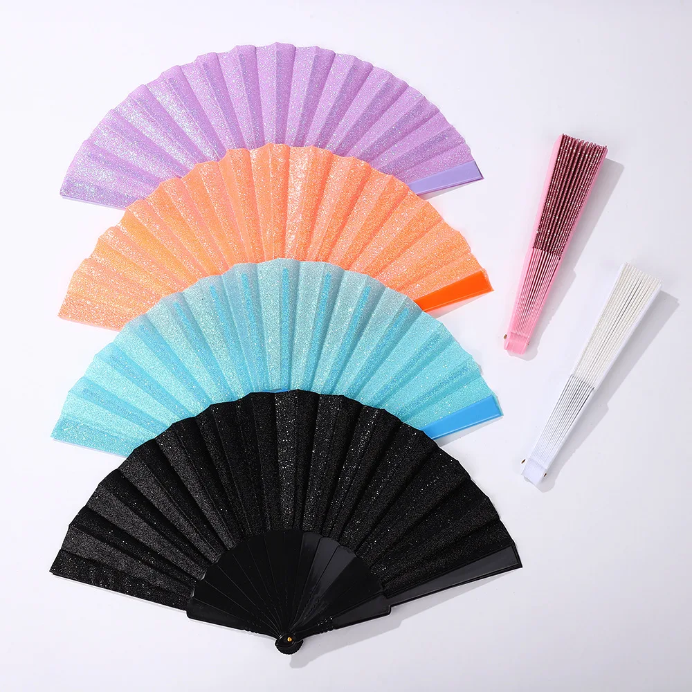 Custom Logo 23cm Glitter Plastic Women Folding Hand Fans for Line Dancing Portable Folding Fan with Nylon Cloth