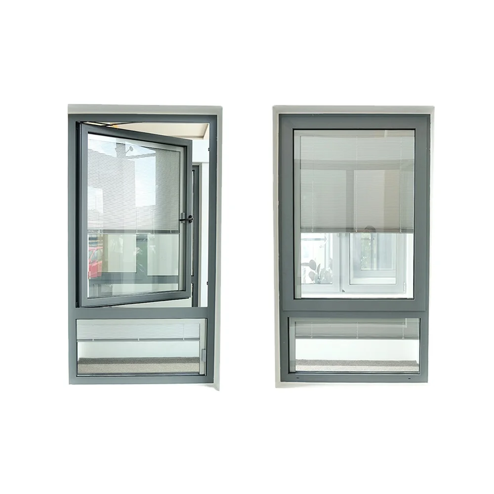 Aluminum glass casement window with built-in blinds magnetic control handle thermal break double glazing glass windows