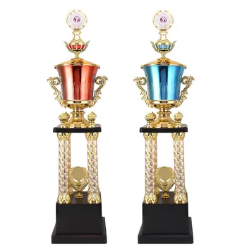 Antique Style Metal Color 4 Pillars Tower Big Trophy Iron Cup Custom Engraving Souvenir Plaque Model UV Printing Plating Sports