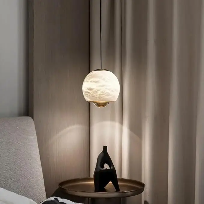 Natural Spanish Marble Copper Chandelier Minimalist Style Dimmable for Dining Room Bar Bedroom Bedside; Height Adjustable