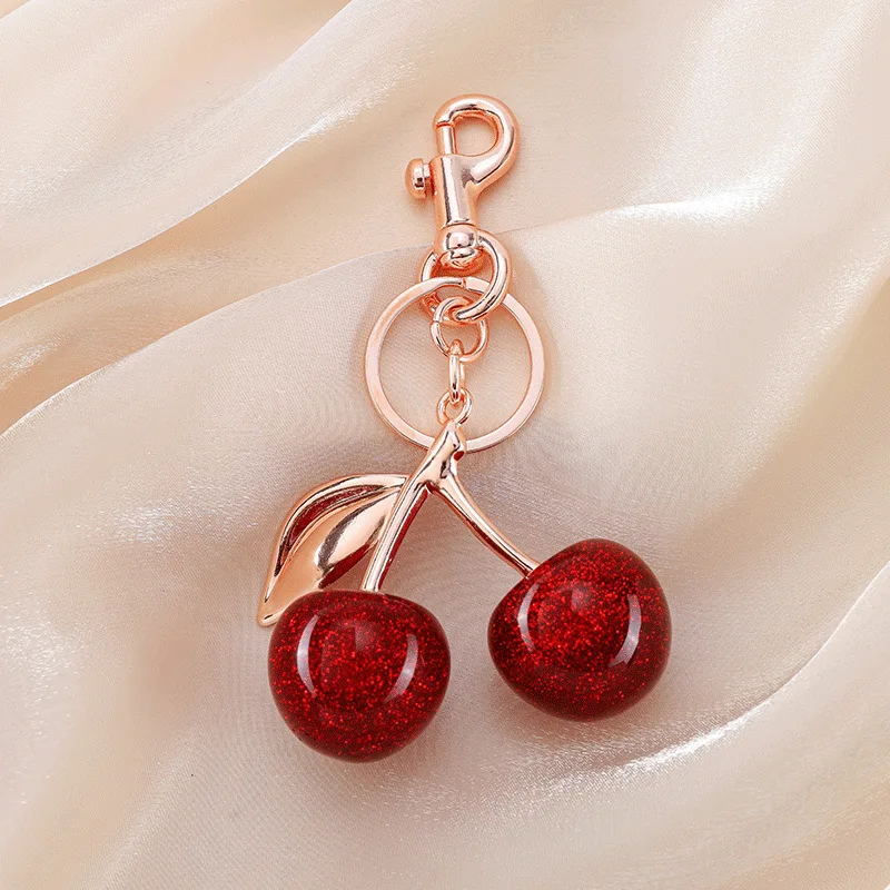 Cute Strawberry Cherry Heart Keychain Fashionable Red Bag Charms Keyring Purse Backpack Car Accessories for Women Girls Gift