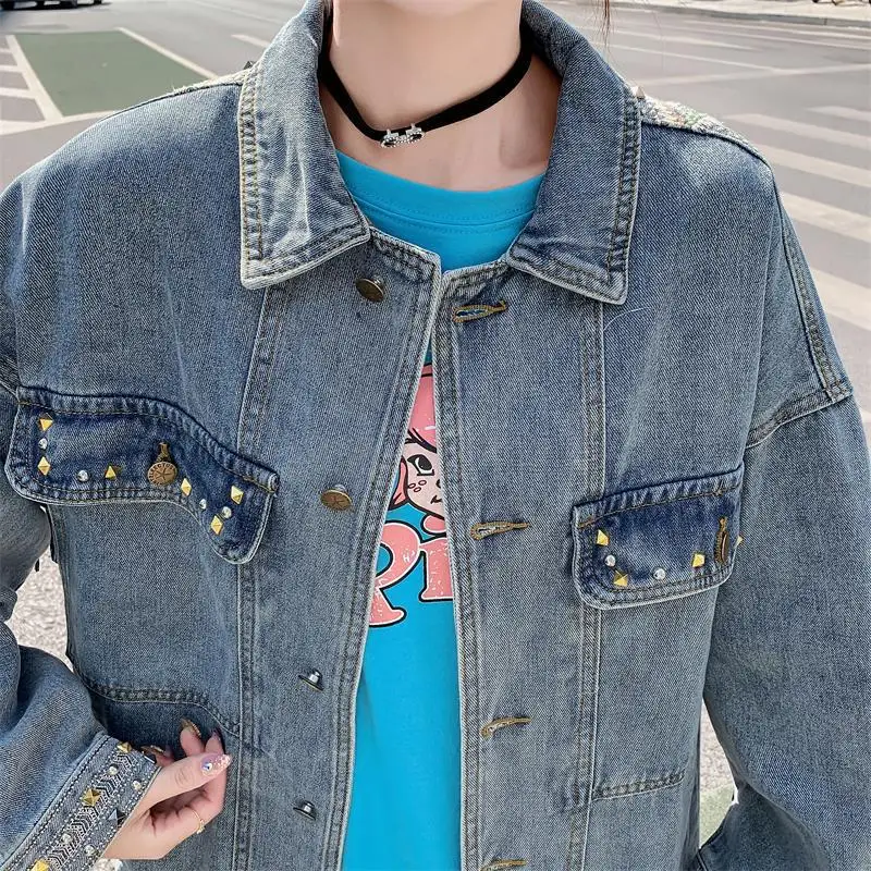 Women's Plus-Size Long-Sleeve Vintage Loose Fit Denim Jacket with Fringe Quick Dry European & American Style