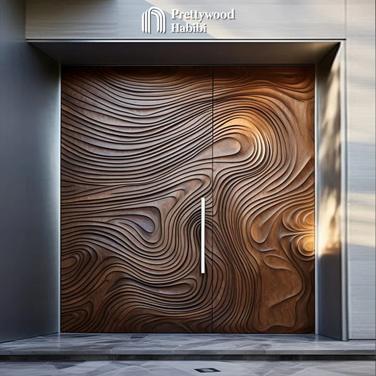 Prettywood Postmodern Prime Design 3D Carving Solid Wooden Exterior Luxury House Front Main Door