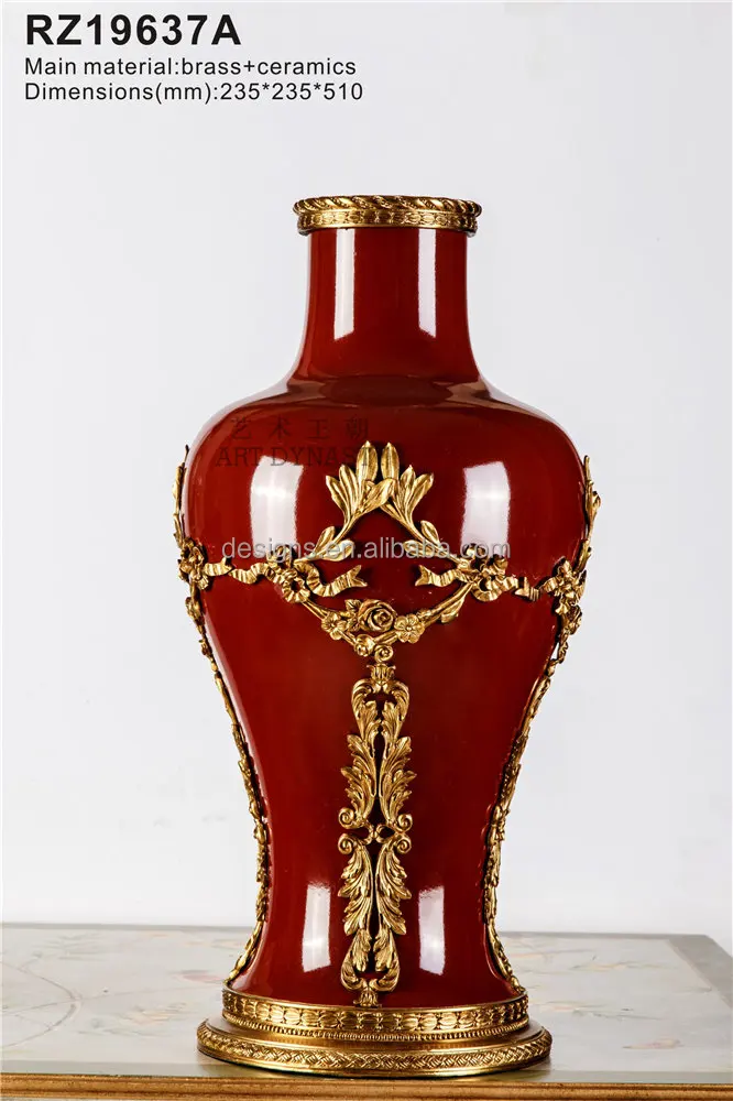 Chinoiserie Home Decor Custom Oriental Asian  Bronze Ormolu Red Chinese Porcelain Brass Urn Vase Pot Ginger Jar