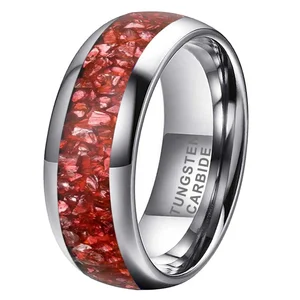 Coolstyle Jewelry 8mm Engagement Promise Wedding Band for Men Women Imitated Red Agate Chip Inlay Domed Tungsten Carbide Ring