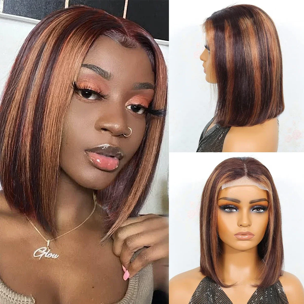 Bob-Perücke, Echthaar, T-Teil, Lace-Frontal-Perücke, P4/30, glatt, braun, Remy, 180 % Dichte, vorgezupftes Babyhaar_voghion.com