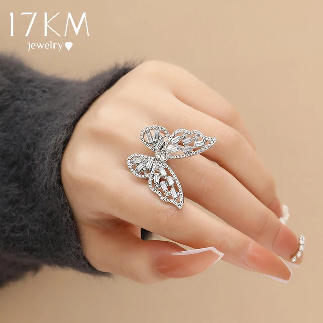 Butterfly Crystal Silver Color Rings for Women Hollow Open Rings