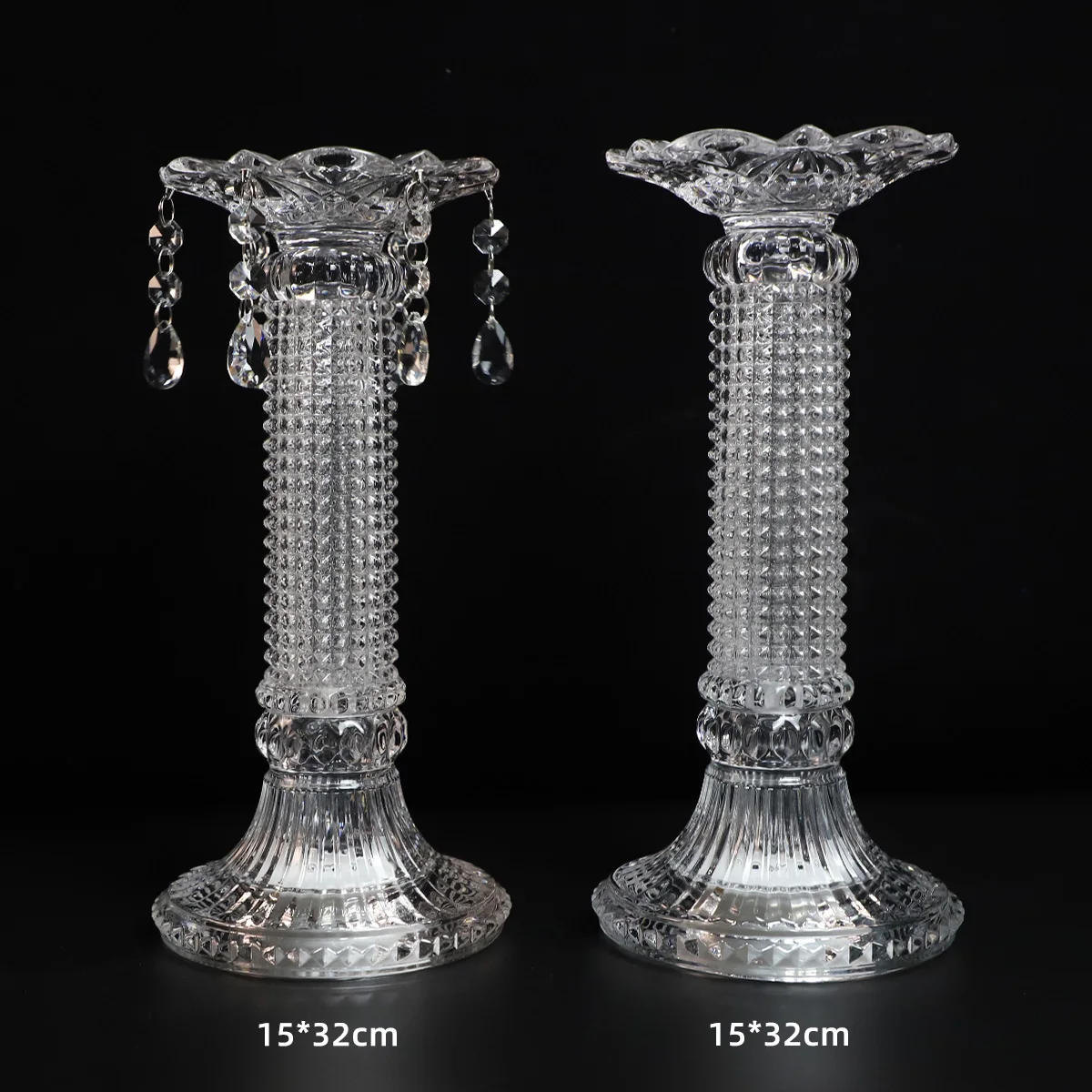 Vintage luxury home decoration tabletop tall long stem pillar clear gold ribbed glass taper candle stand stick holder set of 3 supplier