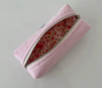 Cute for Pink Striped Pencil Case with Floral Lining Zippered Cosmetic Bag for Stationery & Makeup Essentials