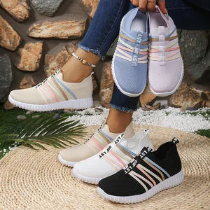 Women's Knit Slip-On Sneakers: Lightweight Breathable Casual Shoes with Colorful Stripes for Daily Wear