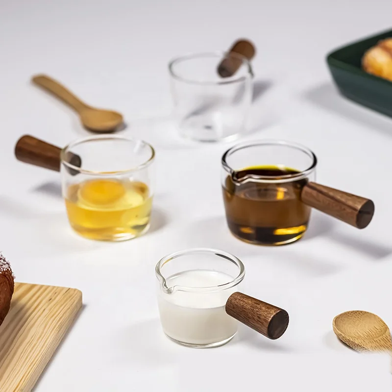 4 Pcs Crémier En Verre Transparent Avec Poignée En Bois, Mini Pichet à Café Lait. 50Ml