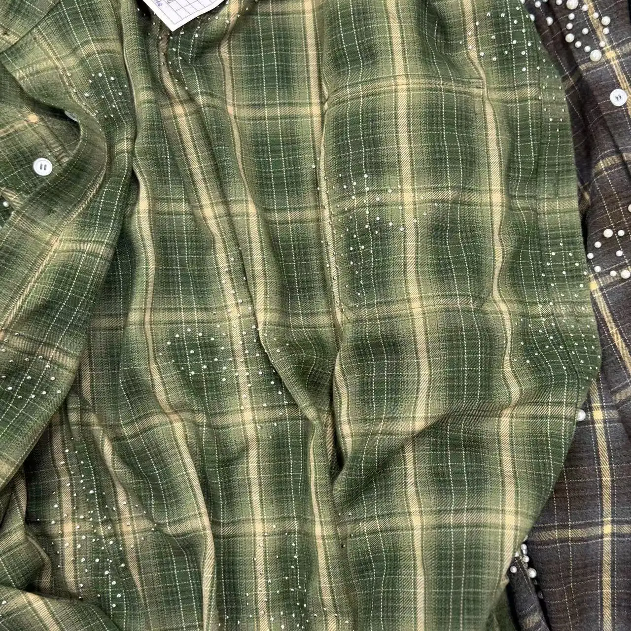 Custom Streetwear Rhinestone Plaid Designer Flannel Shirts Button up Sport Boxy Graphic Plain Polo Shirt for Men gallery 5