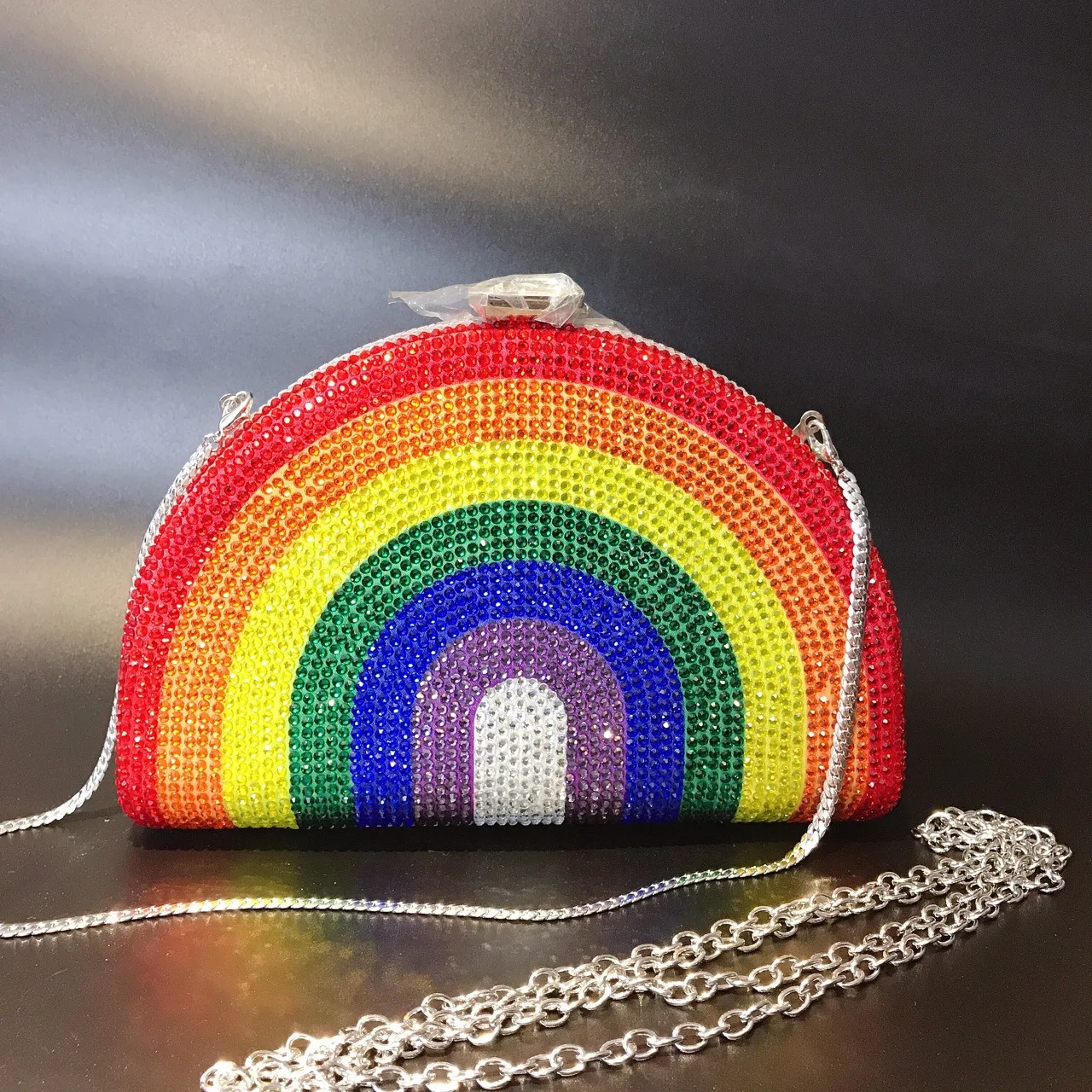 Fashion Culture Rainbow Rhinestone Half Moon Clutch Crossbody Bag, Multi