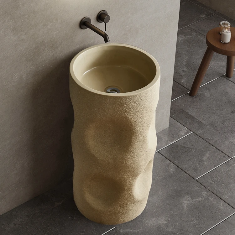 Wabi Sabi Style Cylindrical Shape Bathroom Pedestal Sink Creamy Color Artificial Stone Wash Basin Free Standing Bathroom Sink