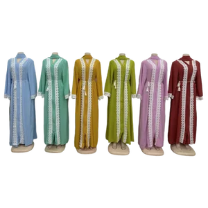 New Fashion Solid Color Zipper V-neck Lace Loose Long Sleeve Women African Muslim Robe
