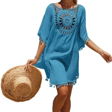 Sexy beach Hand Crochet hook solid color patchwork fabric small fringe sunscreen short sexy beach smock