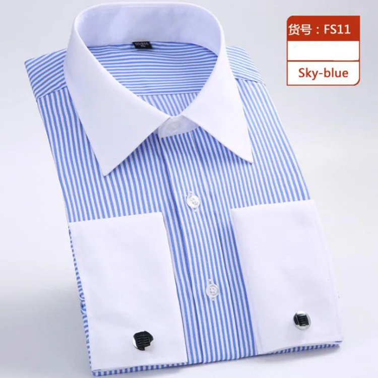 Autumn Formal Mens French Cuff Dress Shirt Casual Men Long Sleeve Solid Striped Style Size M-6XL Men's Shirts