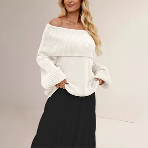 Off Shoulder Slash Neck Women's Sweaters Loose Elegant Lady Knitted Pullovers