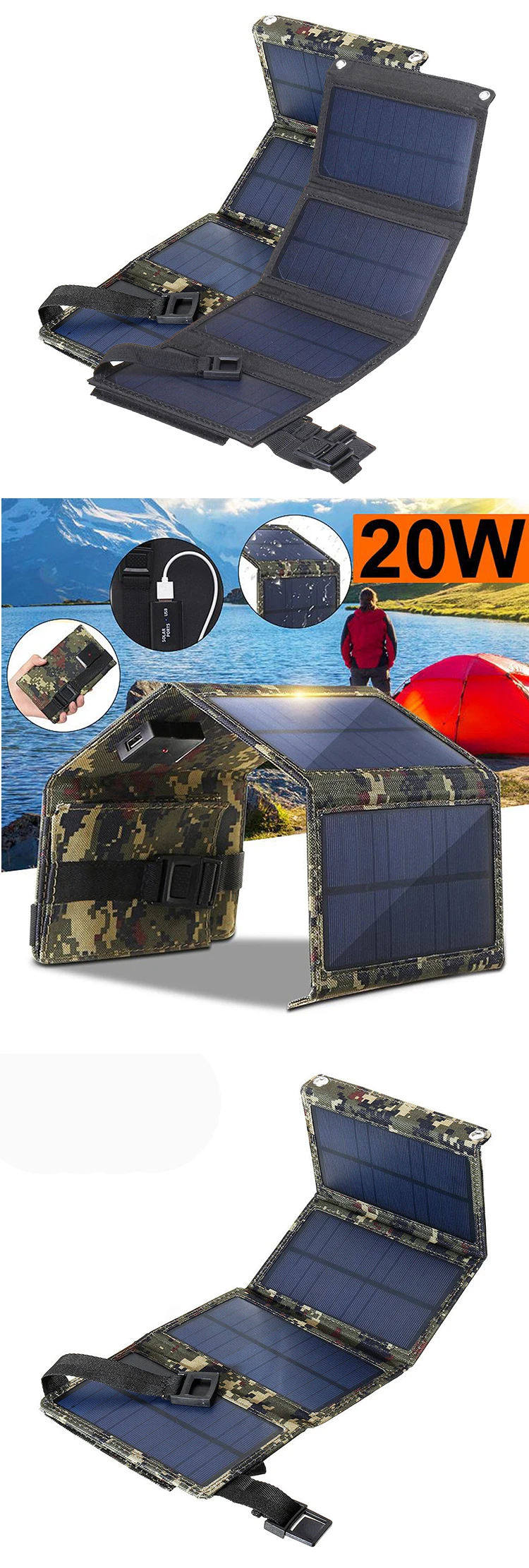 USB 20W 5V Foldable Folding Waterproof Portable Chargeable Solar Panel Plate Charger for Outdoor Travel Camping Hiking