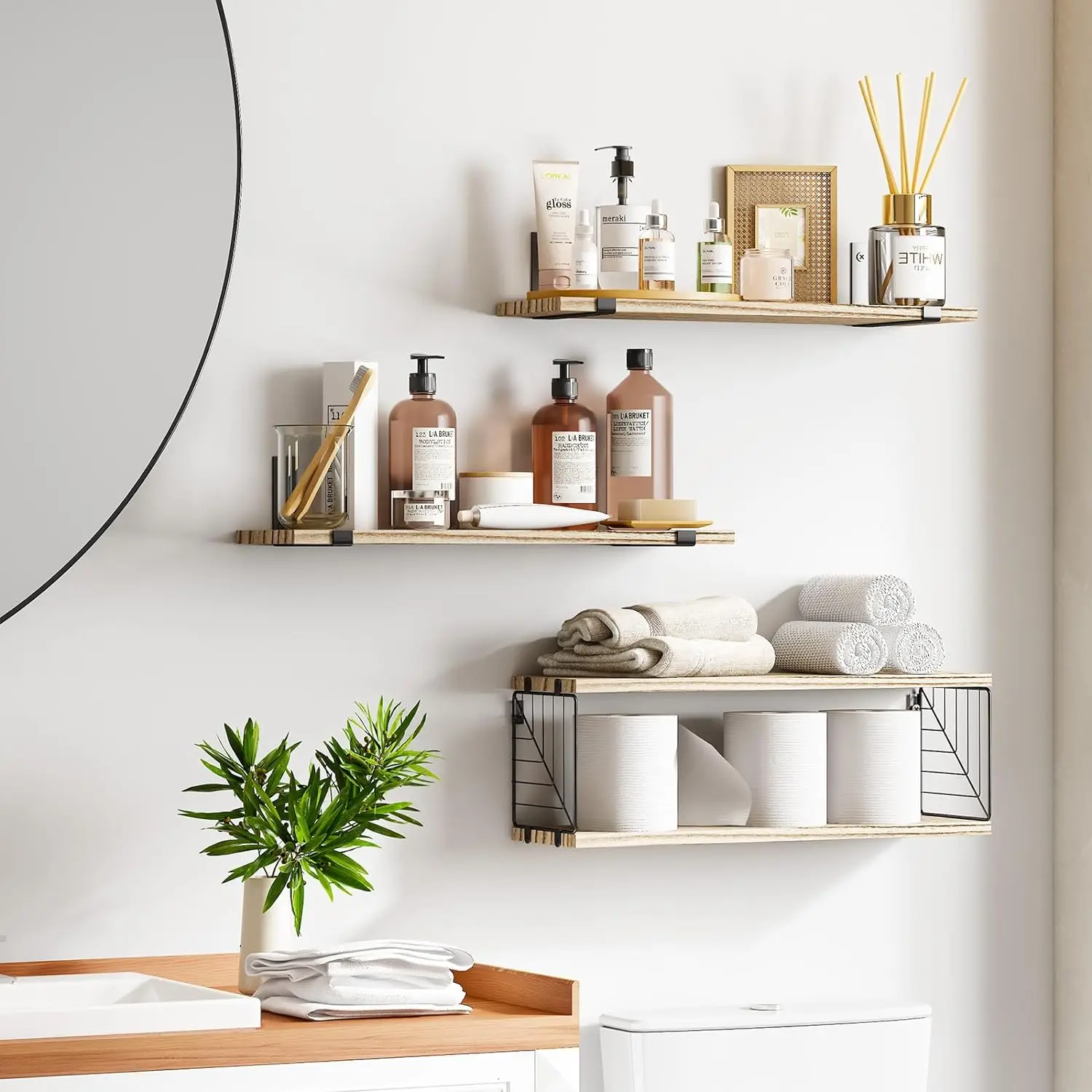 Home Organizer Wall Mounted Wooden Shelf Ornaments Decoration Storage Rack Wood Shelf Load to 40LBS