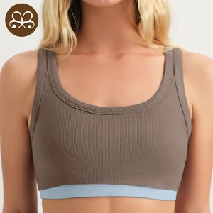 Custom Women Ribbing Sports Bra with Tank Top -Medium High Compression Scoop Neck, Grey Crop Vest