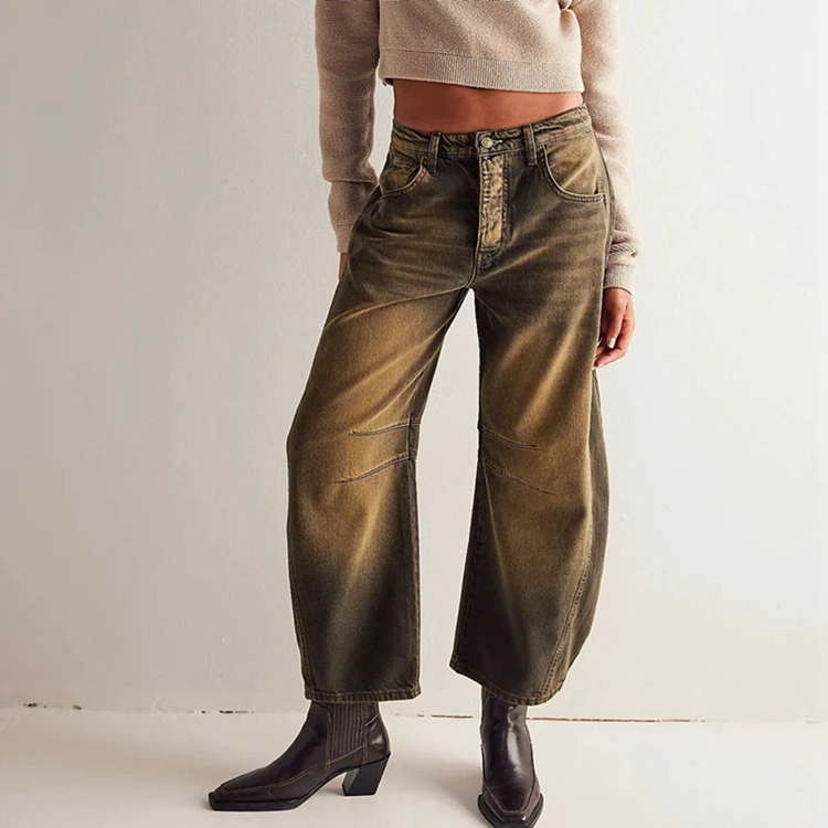 Channel Latest Design Wide Leg Mid Rise Barrel Denim Ankle Pants Women's Vintage Baggy Boyfriend Jeans Pants 2025