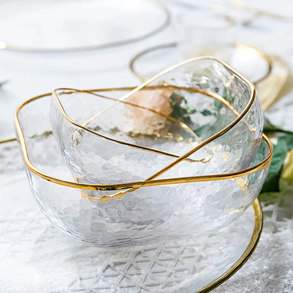 Bol Saladier Verre Transparent Décoré Or - Multi-usages Pour Salade, Dessert Et Service Alimentaire
