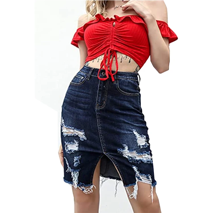 Dark Washed Women Denim Pencil Skirt 